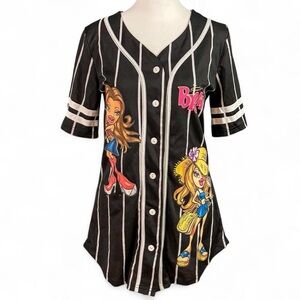Bratz Black Striped Button-Up Shirt with Cartoon Graphics
